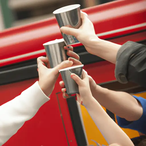 קבוצת חברים מרימה את כוסותיהם בטוסט ליד עגלת קפה