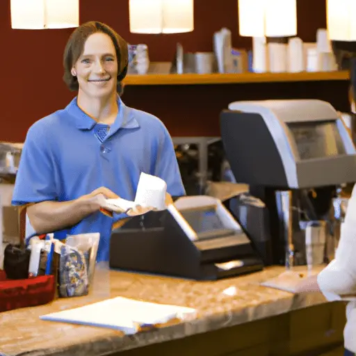 בריסטה ידידותית נותנת ללקוח את ההזמנה שלו בחיוך