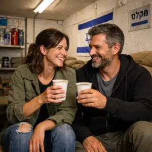 עגלת קפה ליד מרחב מוגן שבמידה ותהיה אזעקה תוכלו ללכת מהר למקלט או ממ"ד או ממ"ק